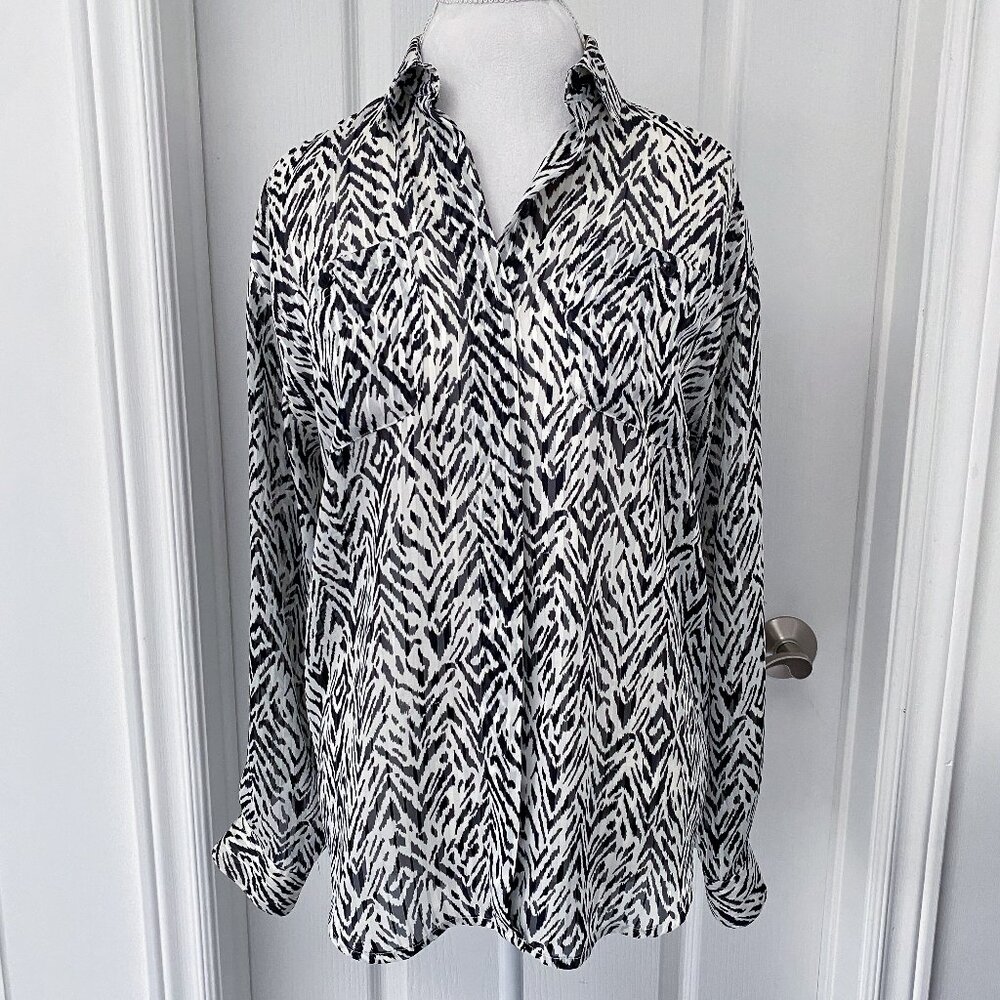 Laura & Jayne Black White Tribal Print Button Front Blouse Size 8